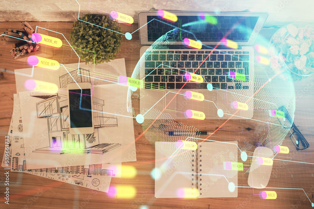 Poster Double exposure of map hologram drawing over study table background with computer. Concept of international network. Top view.