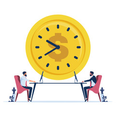 Businessman working together with clock, character people and money symbol. Teamwork and time management concept 