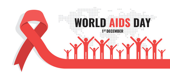world aids day - red ribbon with humans raising hands and dot map world texture background vector design - obrazy, fototapety, plakaty