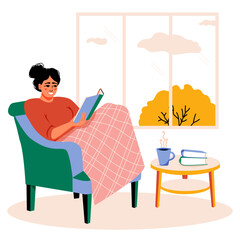 Woman reading a book under warm blanket. Resting in armchair at leisure time. Enjoying literature at cozy home interior. Coffee table. Vector illustration