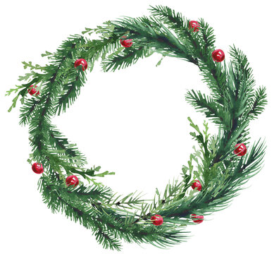 Christmas fir tree and red balls wreath Christmas frame. Cut out hand drawn PNG illustration on transparent background. Water colour clipart drawing.