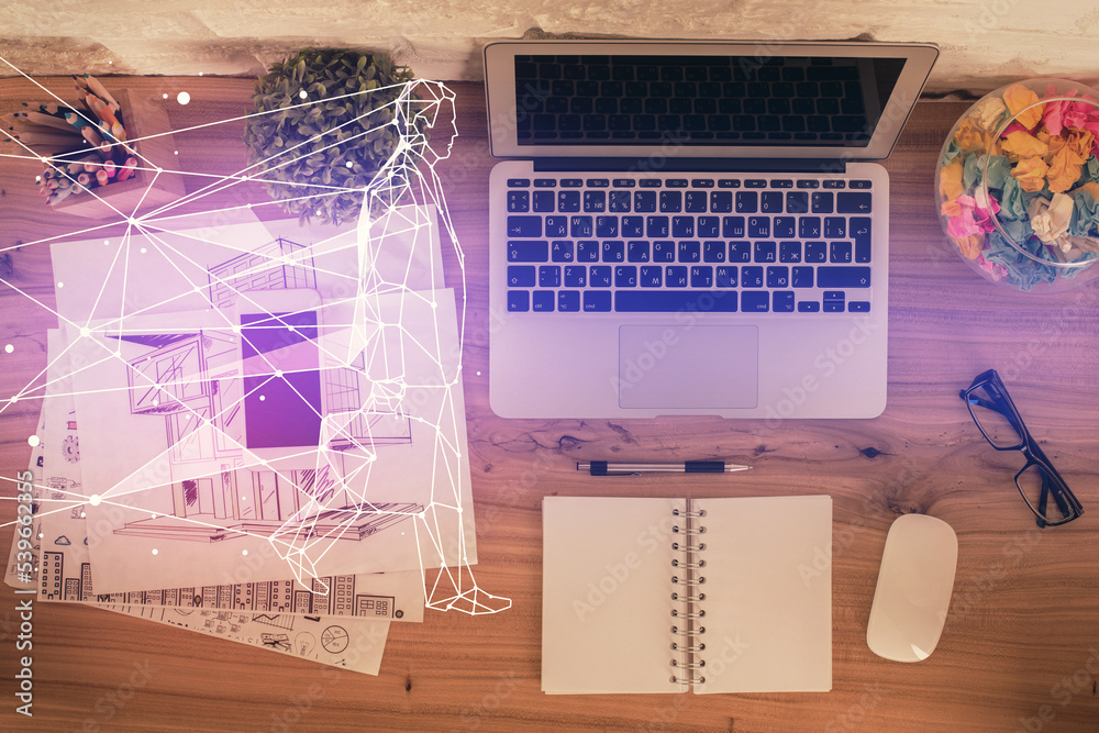 Poster Start up theme drawing over computer on the desktop background. Top view. Double exposure. Brainstorm concept.