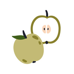 Apple, cut half. Fruit cross section with seeds, fresh flesh, stem and leaf. Healthy vitamin food piece. Organic ripe eating. Flat vector illustration isolated on white background