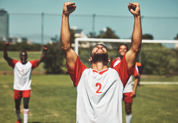Soccer, football or team sports for winner, celebration or winning team after scoring goal in...