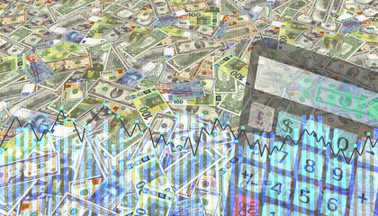 Financial and economic illustration. Volumetric 3D translucent calculator with graphs and charts on the background of a lot of many of US, Swiss and EU banknotes. Dollars, francs and euros