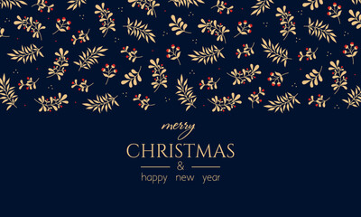 Elegant background for christmas and new year. Modern creative universal template with floral ornament and berries. Vector illustration. 