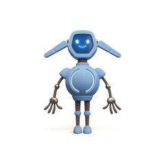 Friendly positive little blue robot with glowing smiling face on screen, eyes, ears. Customer support service. Lovely Robotic Toy. Funny personal assistant robot. 3d render isolated on white backdrop.