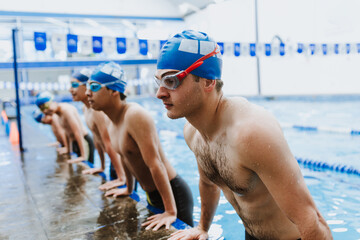 latin young man swimmer athlete wearing cap and goggles in a swimming training holding On Starting Block In the Pool in Mexico Latin America	
