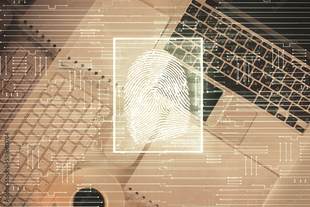 Poster Finger print over computer on the desktop background. Top view. Double exposure. Concept of securitization.