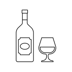 Brandy bottle and glass. Outline icons beverages isolated on white background. Linear black alcohol drinks with wineglasses in flat design. Thin line objects. Vector illustration.
