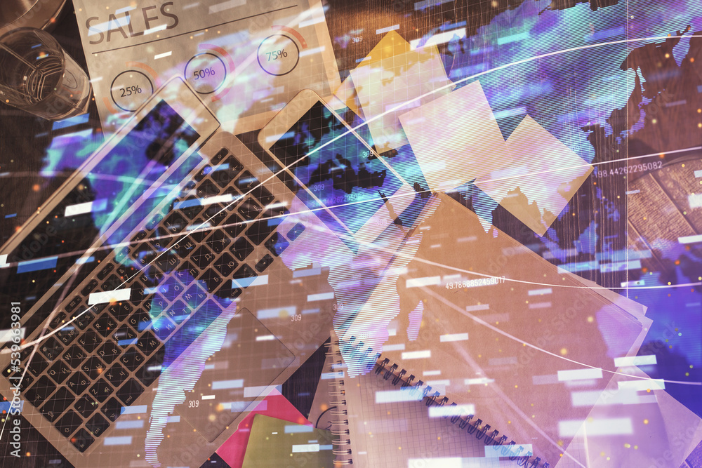 Poster Multi exposure of data theme drawing hologram over topview work desk background with computer. Concept of technology.