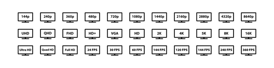 HD icon. Screen resolution vector symbol. Simple TV outline signs. Display quality icons set. Computer monitor blue web sign. Digital television, full frame, hight size image.