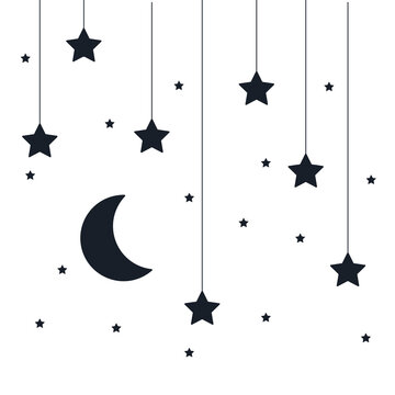 Illustration of the night sky on strings. Vector image of a month with stars. Space cartoon concept art. Space hangs by a thread. Time to sleep. Dream, astronomy, crescent, bedtime.