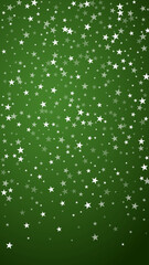 Falling snowflakes christmas background. Subtle flying snow flakes and stars on christmas green background. Beautifully falling snowflakes overlay. Vertical vector illustration.