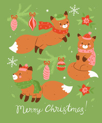 Postcard with cute Christmas foxes in hats and scarves. Vector graphics.