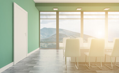 Modern office building interior. 3D rendering.. Sunset