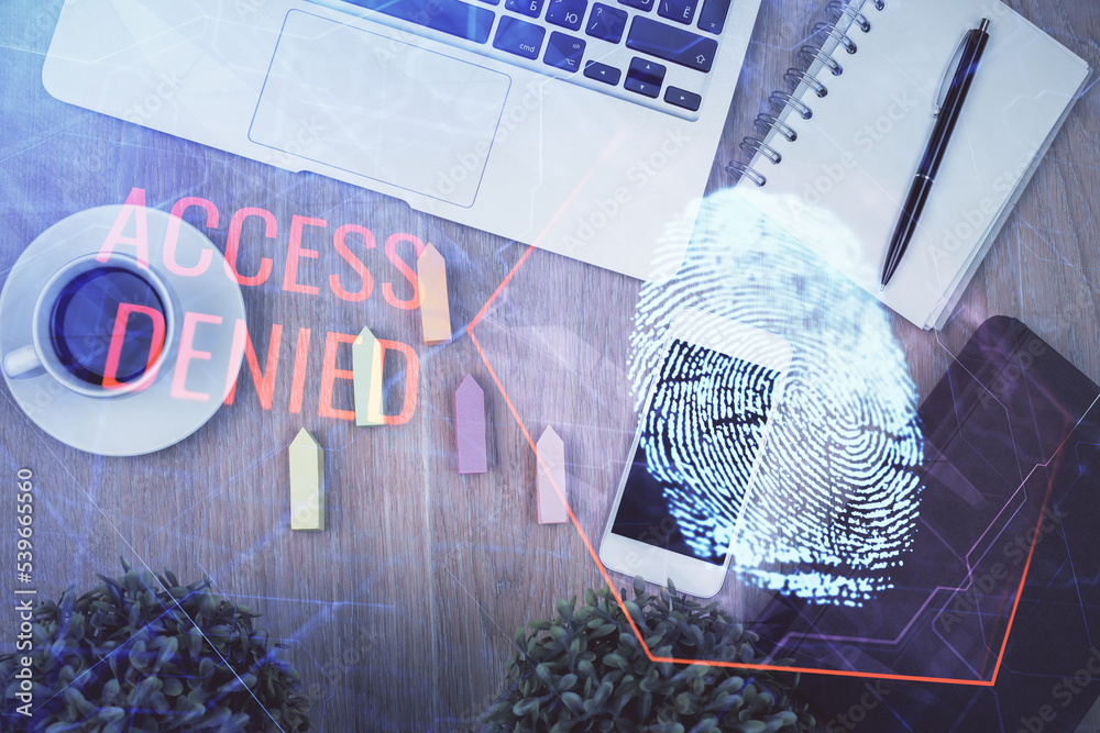Aufkleber Double exposure of finger print over table with phone. Top view. Concept of mobile security.
