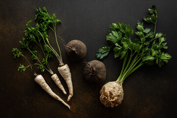 Parsley and selera roots with tops and black radish close-up on a brown background, top view, healthy autumn seasonal roots, copy space