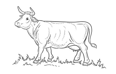 Animals, black and white image of a cow. Coloring book for kids. Vector drawing, color, design.