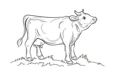 Animals, black and white image of a cow. Coloring book for kids. Vector drawing, color, design.