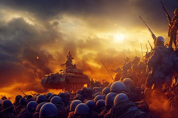 A war tank and an army of infantry fighting on a wasteland battlefield at dawn. An explosion and soldiers fighting in a world war at dawn. 3D rendering. - obrazy, fototapety, plakaty