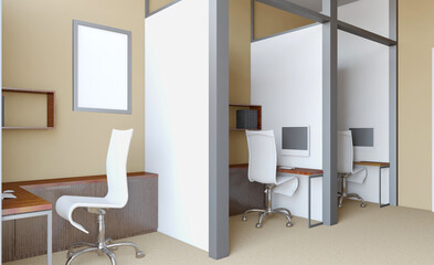 Elegant office interior. Mixed media. 3D rendering.. Mockup.   Empty paintings