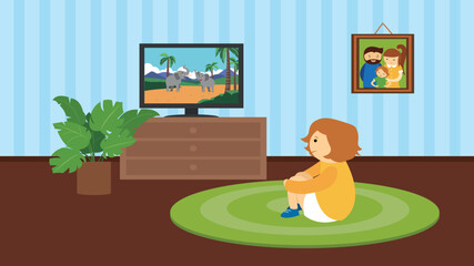 Girl watching a program about animals on TV sitting on the floor in the living room