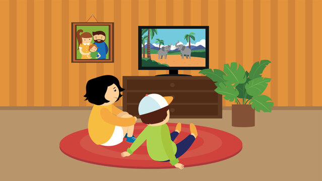 Children watch videos about animals on TV in the living room sitting on the rug