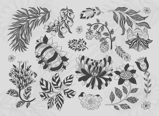Collection vintage floral motif. William Moriss style art and craft movement. Design outline flower symbol.