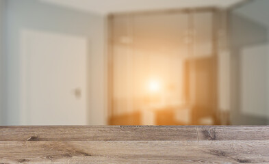 Elegant office interior. Mixed media. 3D rendering.. Sunset.. Su. Background with empty wooden table. Flooring.