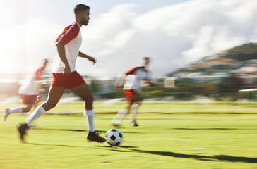 Fototapeta premium Soccer, team training and men sports game teamwork competition on field. Healthy football collaboration, running fitness workout and athlete sport lifestyle with runner players and ball on grass