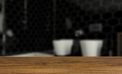 Clean and fresh bathroom with natural light. 3D rendering.. Background with empty wooden table. Flooring.