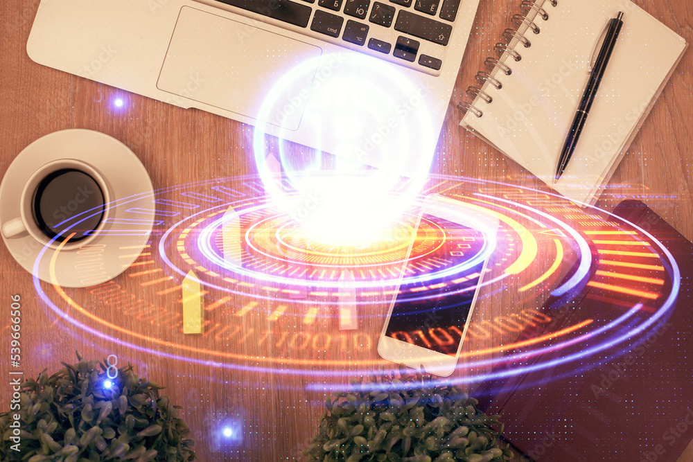 Aufkleber double exposure of blockchain theme hologram over table with phone. top view. crypto technology conc