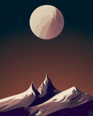 Obraz premium A retro themed space travel poster vector illustration with a large moon and mountains