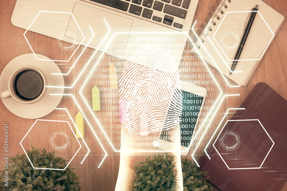 Poster Double exposure of finger print over table with phone. Top view. Concept of mobile security.
