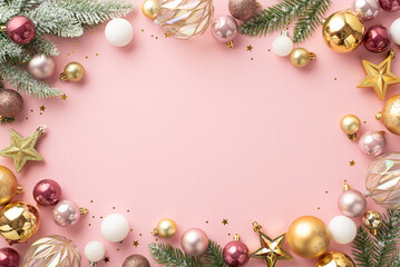 Fototapeta na wymiar Christmas concept. Top view photo of stylish transparent white gold and pink baubles star ornaments confetti and pine branches in snow on isolated pastel pink background with blank space in the middle