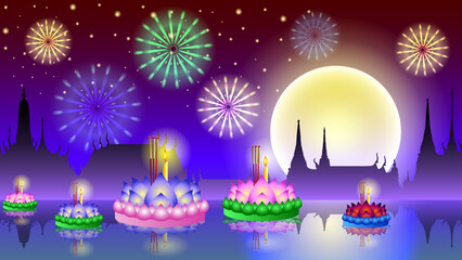Loy Kratong Thailand festival - Lights traditional celebration full moon with floating lotus candles, fireworks, temple midnight blue sky and river on night background vector illustration.