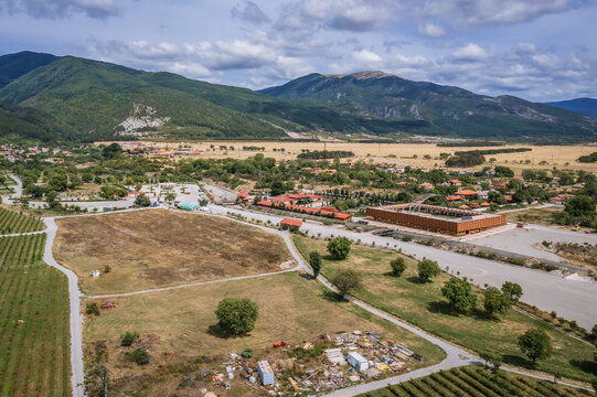 Skobelevo, Bulgaria - September 8, 2021: Aerial drone photo of Damascena Complex in Skobelevo