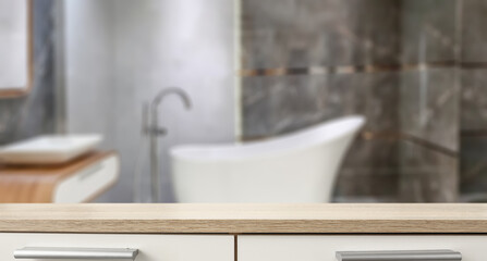 Desk of free space and bathroom interior. 