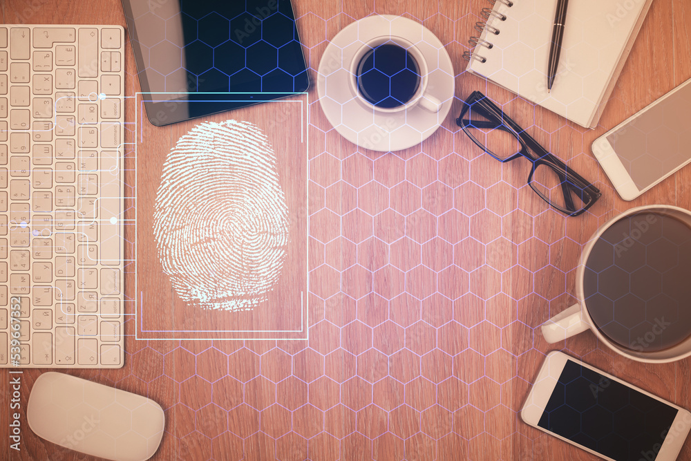 Aufkleber Double exposure of finger print over table with phone. Top view. Concept of mobile security.