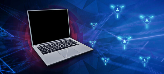 Network connection, 3D graphics, technology concept template. Connecting with a group of people worldwide through a laptop pc. An illustration with blue background graphic lines and copy space for tex
