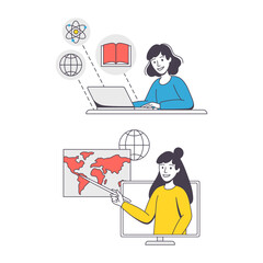 Online Learning with Woman Student and Teacher Engaged in Virtual Classes Outline Vector Set