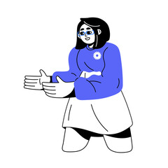 Happy smart girl presenting, showing smth with hands. Friendly woman in glasses pointing aside, advertising with arm gesture, explaining. Flat graphic vector illustration isolated on white background