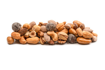 A group of almonds, pistachios, walnuts, macadamia, cashews.