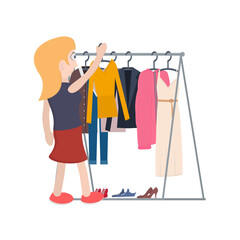 Clothes in the wardrobe. Woman chooses clothes, vector illustration