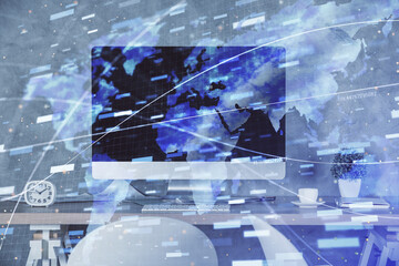 Multi exposure of data theme drawing and office interior background. Concept of technology.