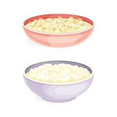 Oatmeal as Whole-grain Food with Rolled Oats in Deep Bowl Vector Set