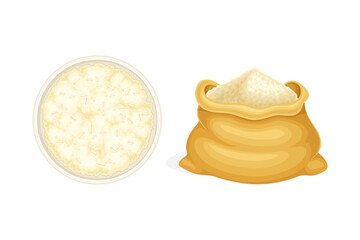 Ground Oatmeal Whole-grain Food Rested in Sack and Bowl Vector Set