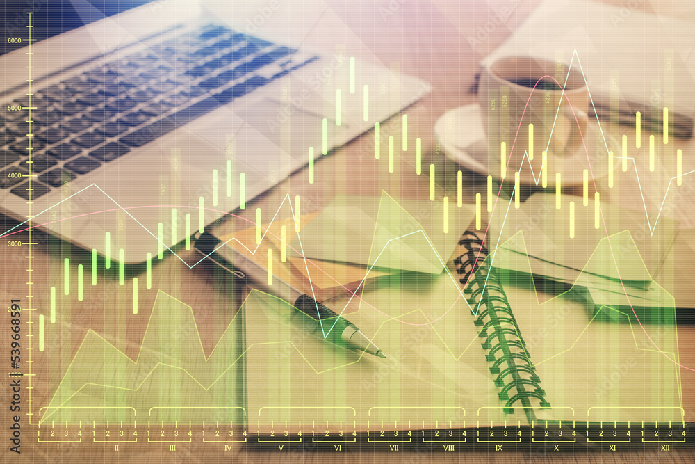 Aufkleber Multi exposure of forex graph drawing and desktop with coffee and items on table background. Concept of financial market trading