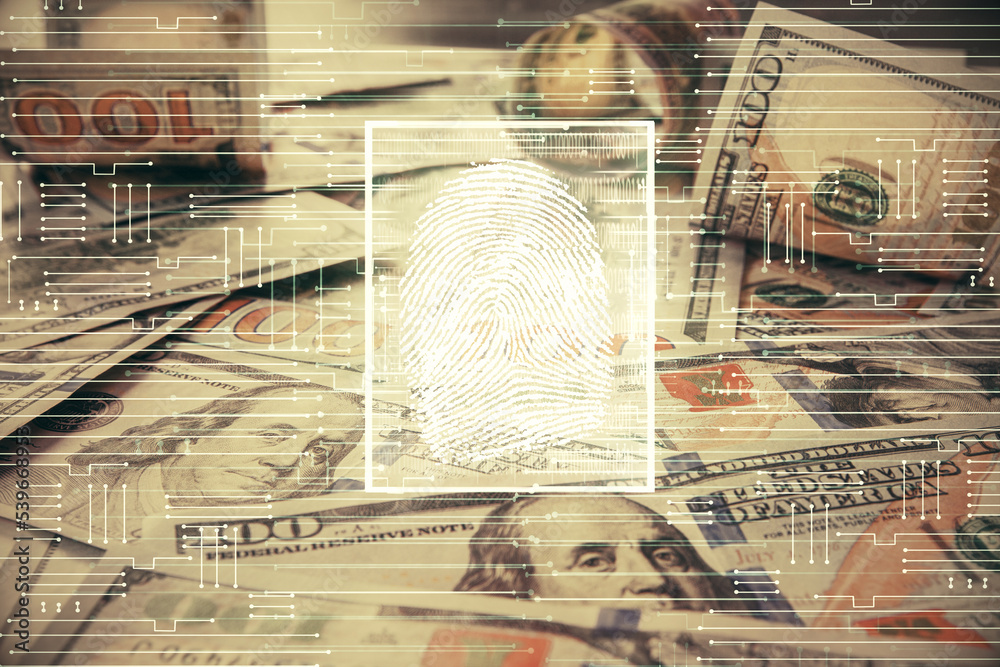 Poster double exposure of finger print scan drawing over usa dollars bill background. concept of security o